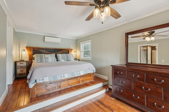49 Brook Trl, Greenwood Lake, NY 10925 - bedroom with a wall mounted air conditioner, crown molding, hardwood / wood-style floors, baseboards, and a ceiling fan