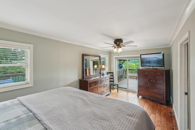 49 Brook Trl, Greenwood Lake, NY 10925 - bedroom featuring access to exterior, hardwood / wood-style floors, ceiling fan, and ornamental molding