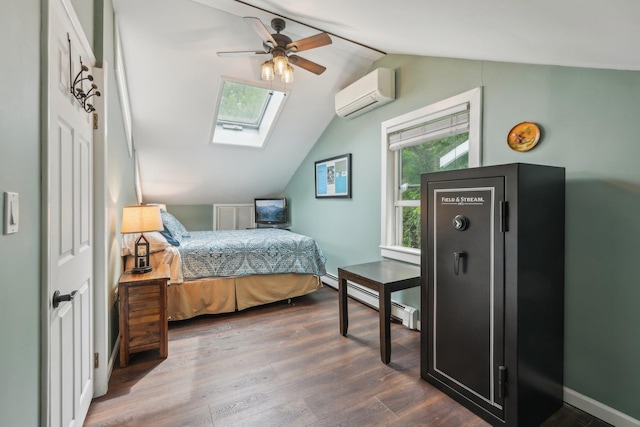 49 Brook Trl, Greenwood Lake, NY 10925 - bedroom featuring an AC wall unit, a skylight, vaulted ceiling, dark wood-style floors, and a baseboard radiator