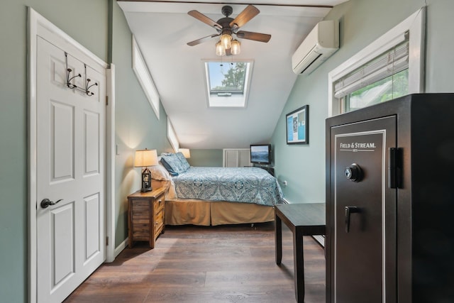 49 Brook Trl, Greenwood Lake, NY 10925 - bedroom with an AC wall unit, a skylight, lofted ceiling, dark wood-type flooring, and ceiling fan