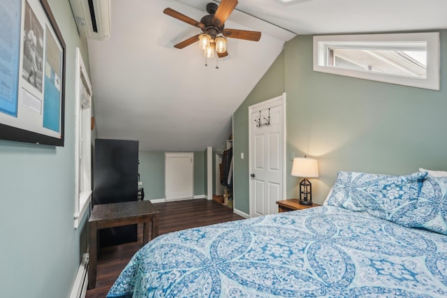 49 Brook Trl, Greenwood Lake, NY 10925 - bedroom featuring wood finished floors, baseboards, lofted ceiling, and a ceiling fan