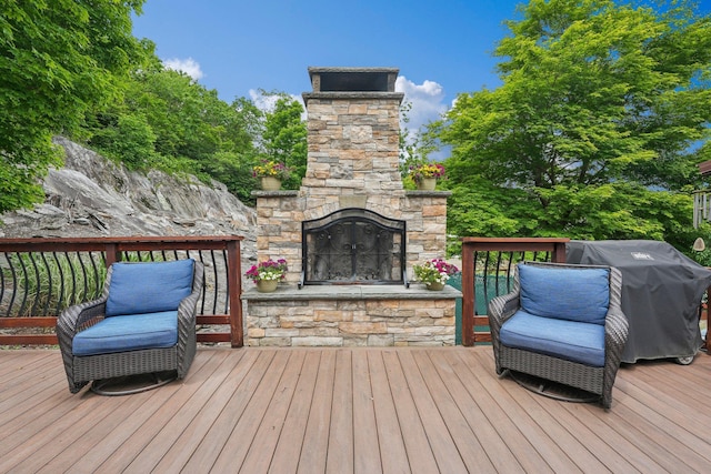 49 Brook Trl, Greenwood Lake, NY 10925 - wooden terrace featuring an outdoor stone fireplace