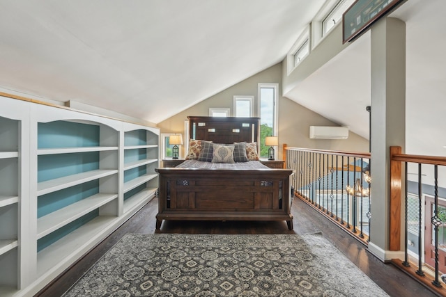 49 Brook Trl, Greenwood Lake, NY 10925 - bedroom featuring vaulted ceiling, an AC wall unit, and wood finished floors