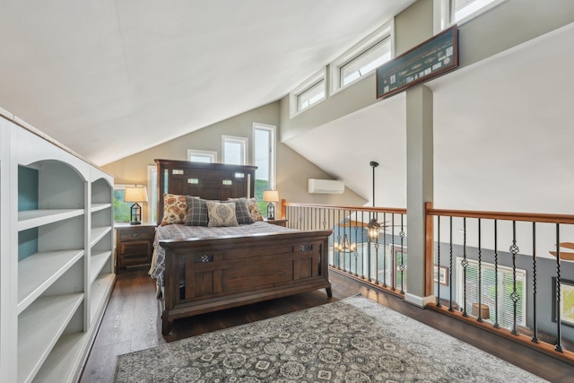 49 Brook Trl, Greenwood Lake, NY 10925 - bedroom with a wall unit AC, wood finished floors, and lofted ceiling