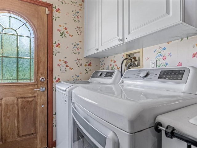 4 Whitebirch Ln, Commack, NY 11725 - laundry room featuring wallpapered walls, washing machine and clothes dryer, healthy amount of natural light, and cabinet space