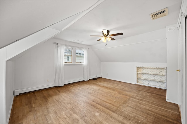 21 Arizona Ave, Syosset, NY 11791 - bonus room featuring a baseboard radiator, wood-type flooring, a ceiling fan, vaulted ceiling, and baseboards