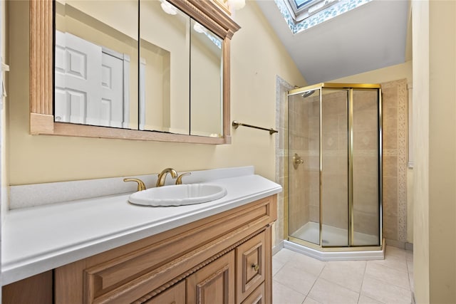 21 Arizona Ave, Syosset, NY 11791 - full bath with a skylight, vanity, a stall shower, and tile patterned floors