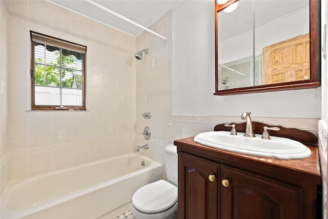 21 Arizona Ave, Syosset, NY 11791 - full bathroom featuring toilet,  shower combination, vanity, and tile walls