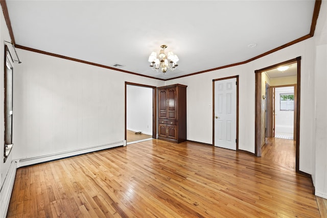 21 Arizona Ave, Syosset, NY 11791 - unfurnished bedroom with light wood-style floors, a chandelier, baseboard heating, crown molding, and baseboards