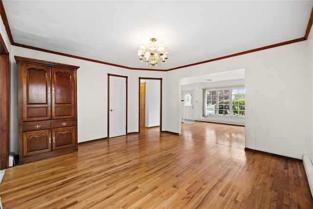 21 Arizona Ave, Syosset, NY 11791 - unfurnished bedroom featuring a chandelier, light wood-style floors, ornamental molding, a baseboard radiator, and baseboards