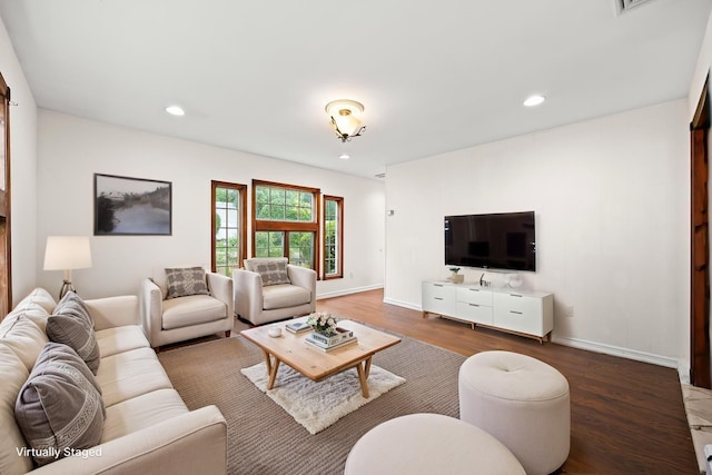 21 Arizona Ave, Syosset, NY 11791 - living room featuring wood finished floors, baseboards, and recessed lighting