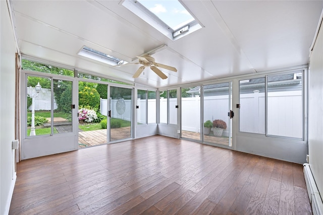 21 Arizona Ave, Syosset, NY 11791 - unfurnished sunroom with a skylight, a baseboard heating unit, ceiling fan, and lofted ceiling