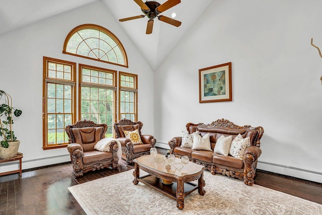 1138 Carlls Straight Path, Dix Hills, NY 11746 - living room with hardwood / wood-style flooring, high vaulted ceiling, a ceiling fan, baseboards, and baseboard heating
