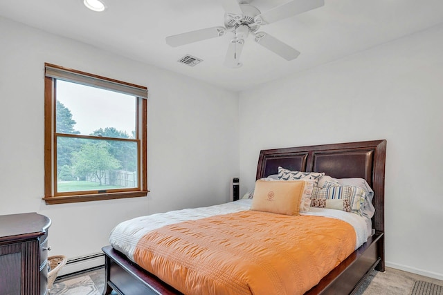 1138 Carlls Straight Path, Dix Hills, NY 11746 - bedroom featuring a baseboard heating unit, recessed lighting, ceiling fan, baseboards, and light carpet