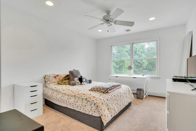 1138 Carlls Straight Path, Dix Hills, NY 11746 - bedroom featuring light colored carpet, recessed lighting, ceiling fan, baseboard heating, and baseboards