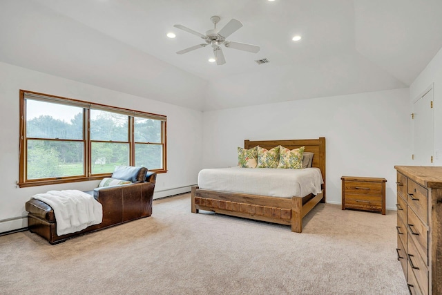 1138 Carlls Straight Path, Dix Hills, NY 11746 - bedroom with vaulted ceiling, light carpet, recessed lighting, baseboard heating, and ceiling fan