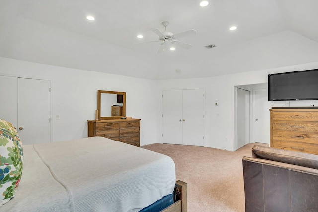 1138 Carlls Straight Path, Dix Hills, NY 11746 - bedroom featuring light colored carpet, recessed lighting, two closets, and ceiling fan