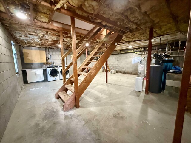 118 White Brg, Middletown, NY 10940 - unfinished below grade area with washing machine and dryer, stairway, concrete block wall, and water heater