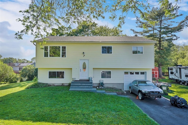 19 Decker Dr, Washingtonville, NY 10992 - bi-level home with asphalt driveway, an attached garage, and a front lawn