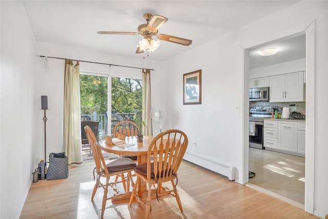 19 Decker Dr, Washingtonville, NY 10992 - dining area featuring baseboard heating, light wood-style floors, ceiling fan, and baseboards