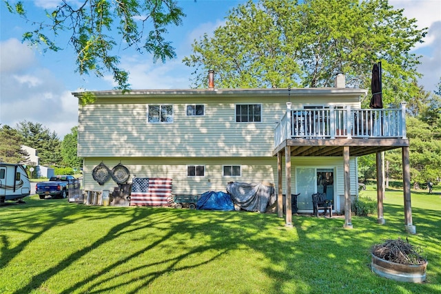 19 Decker Dr, Washingtonville, NY 10992 - rear view of property with a deck, a lawn, and a chimney
