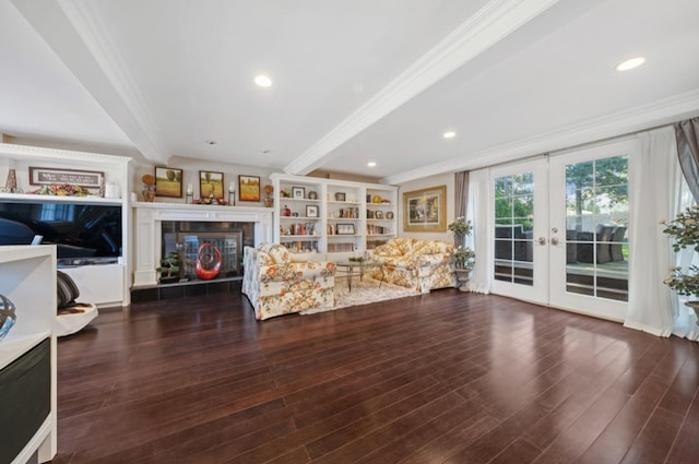 3 Deb St, Plainview, NY 11803 - living area with ornamental molding, beamed ceiling, french doors, a glass covered fireplace, and wood finished floors