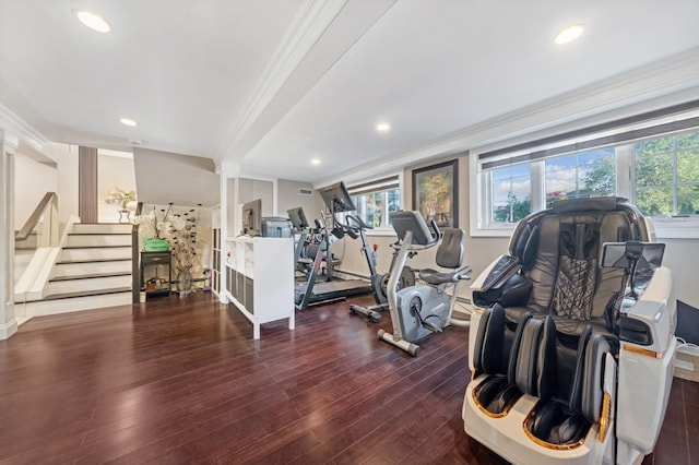 3 Deb St, Plainview, NY 11803 - workout room with ornamental molding, wood finished floors, and recessed lighting