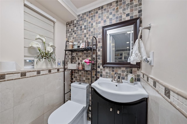 3 Deb St, Plainview, NY 11803 - half bathroom featuring tile walls, vanity, toilet, crown molding, and wainscoting