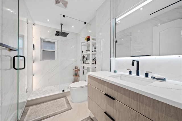 3 Deb St, Plainview, NY 11803 - full bath featuring vanity, toilet, a marble finish shower, tile walls, and marble finish flooring