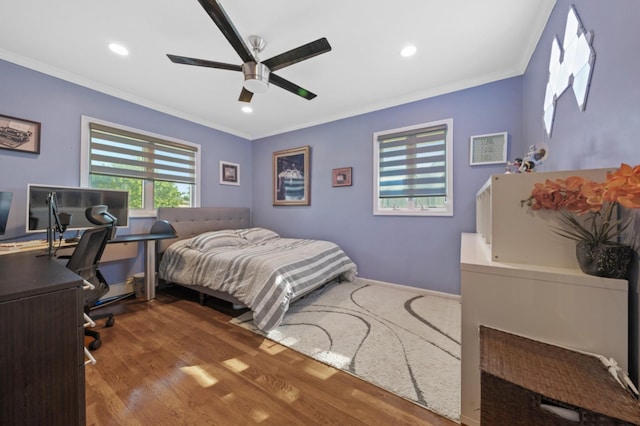3 Deb St, Plainview, NY 11803 - bedroom with ornamental molding, a desk, recessed lighting, wood finished floors, and a ceiling fan