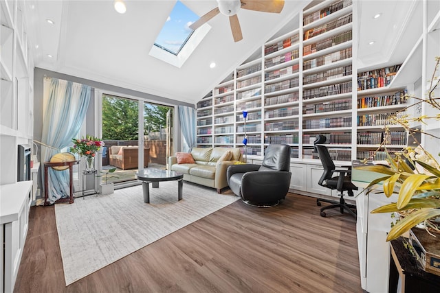 3 Deb St, Plainview, NY 11803 - living area featuring vaulted ceiling, a desk, ceiling fan, wood finished floors, and a skylight