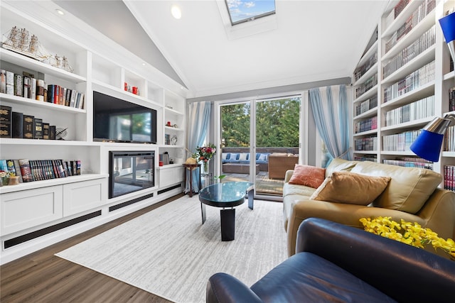 3 Deb St, Plainview, NY 11803 - living area featuring lofted ceiling, wood finished floors, built in features, and a skylight