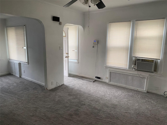 1646 Troy Ave, Brooklyn, NY 11234 - carpeted spare room with a ceiling fan, radiator, cooling unit, arched walkways, and crown molding