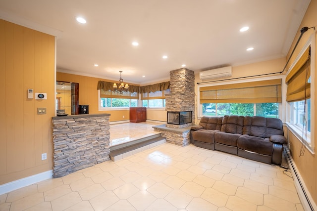 5 Forest Rd, Valley Stream, NY 11581 - living room featuring a wall mounted air conditioner, healthy amount of natural light, a chandelier, a baseboard radiator, and ornamental molding
