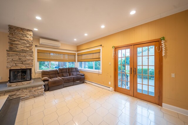 5 Forest Rd, Valley Stream, NY 11581 - tiled living room with a baseboard radiator, french doors, an AC wall unit, ornamental molding, and recessed lighting