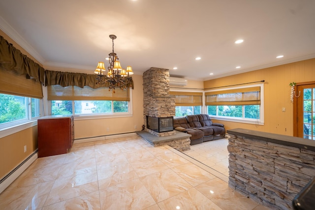 5 Forest Rd, Valley Stream, NY 11581 - living area featuring crown molding, a wall unit AC, a baseboard radiator, a chandelier, and recessed lighting
