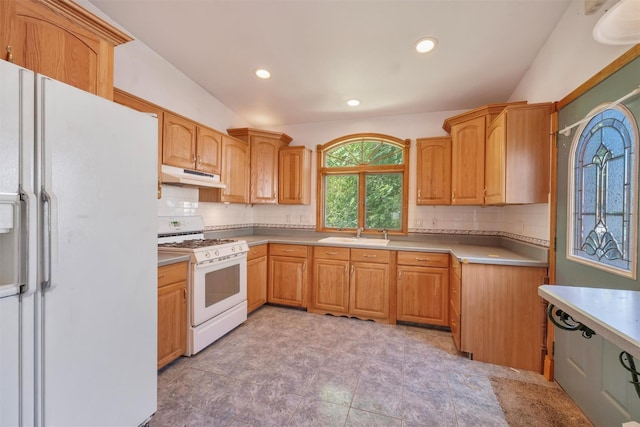163 Cannon St, Poughkeepsie, NY 12601 - kitchen featuring white appliances, under cabinet range hood, a sink, tasteful backsplash, and recessed lighting