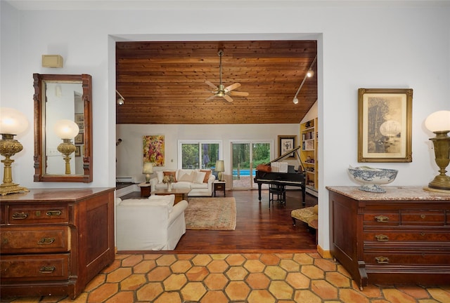 31 Greenlawn Rd, Katonah, NY 10536 - living room with lofted ceiling, ceiling fan, wood ceiling, track lighting, and wood finished floors
