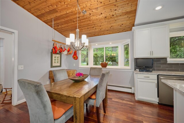 31 Greenlawn Rd, Katonah, NY 10536 - dining space featuring a baseboard radiator, vaulted ceiling, wooden ceiling, a chandelier, and dark wood-style flooring