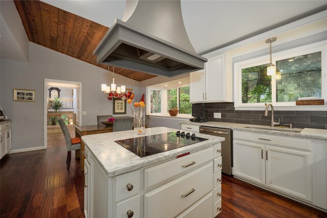 31 Greenlawn Rd, Katonah, NY 10536 - kitchen featuring black electric cooktop, lofted ceiling, custom exhaust hood, a sink, and dishwasher
