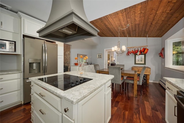 31 Greenlawn Rd, Katonah, NY 10536 - kitchen with stainless steel appliances, premium range hood, wooden ceiling, a center island, and vaulted ceiling