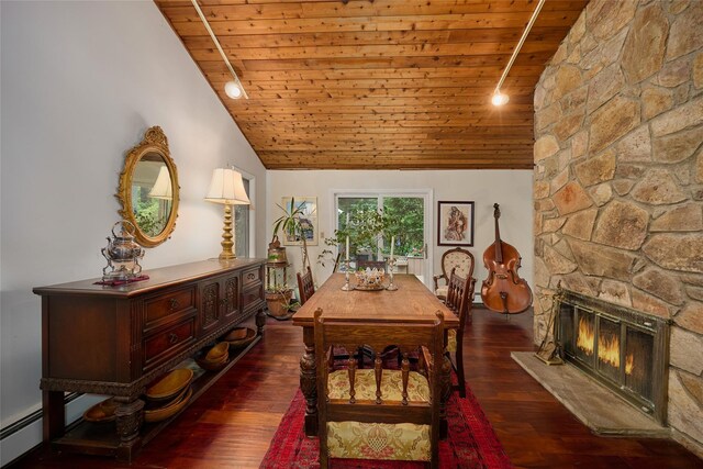 31 Greenlawn Rd, Katonah, NY 10536 - dining space featuring wooden ceiling, lofted ceiling, wood finished floors, and a fireplace