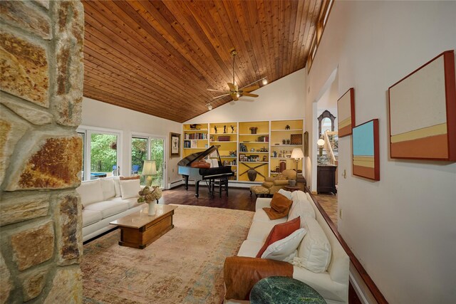31 Greenlawn Rd, Katonah, NY 10536 - living area with high vaulted ceiling, wood finished floors, wooden ceiling, ceiling fan, and baseboards