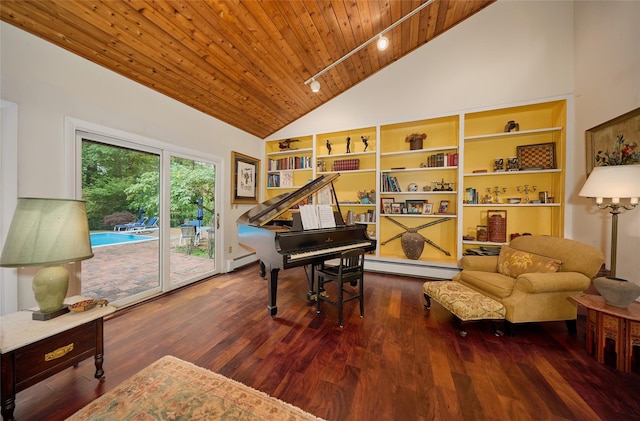 31 Greenlawn Rd, Katonah, NY 10536 - living area featuring a baseboard heating unit, wood ceiling, built in shelves, high vaulted ceiling, and wood finished floors