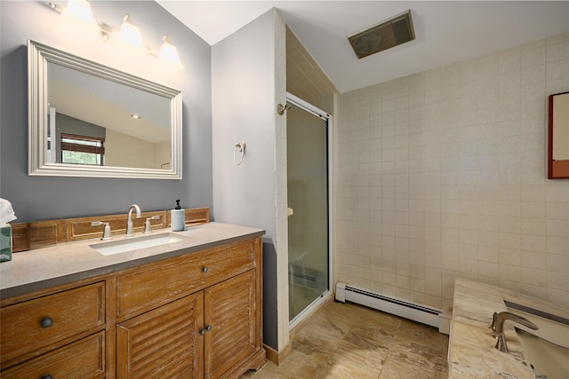 31 Greenlawn Rd, Katonah, NY 10536 - bathroom with a baseboard radiator, a shower stall, and vanity