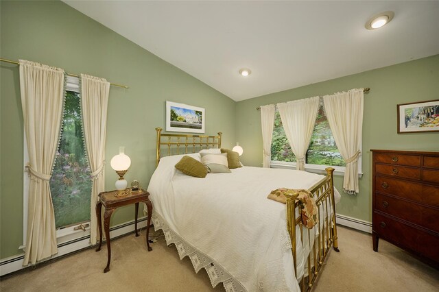 31 Greenlawn Rd, Katonah, NY 10536 - carpeted bedroom featuring vaulted ceiling, a baseboard heating unit, and recessed lighting