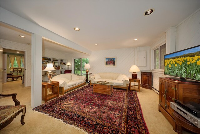 31 Greenlawn Rd, Katonah, NY 10536 - living area featuring light colored carpet, baseboard heating, recessed lighting, and wooden walls