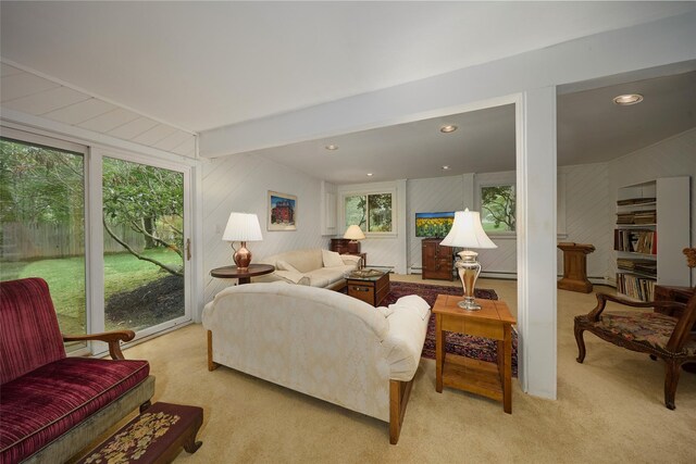 31 Greenlawn Rd, Katonah, NY 10536 - living room with light carpet, beamed ceiling, recessed lighting, and wood walls