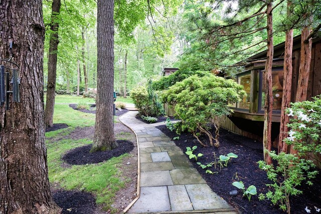 31 Greenlawn Rd, Katonah, NY 10536 - view of yard with a wooden deck and a wooded view