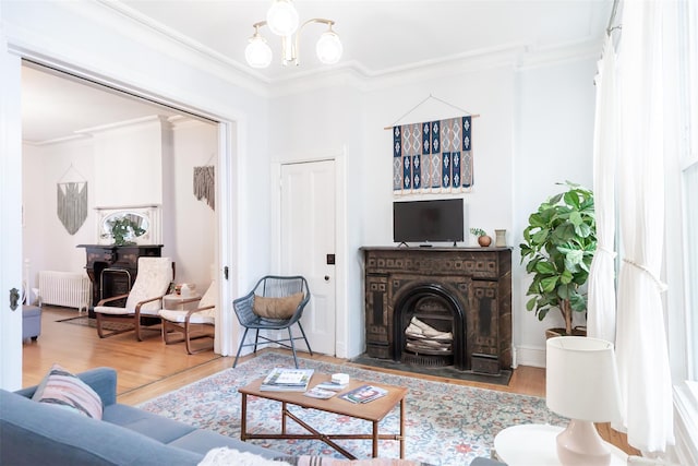 175 Liberty St, Newburgh, NY 12550 - living area featuring radiator heating unit, a fireplace with flush hearth, crown molding, and wood finished floors